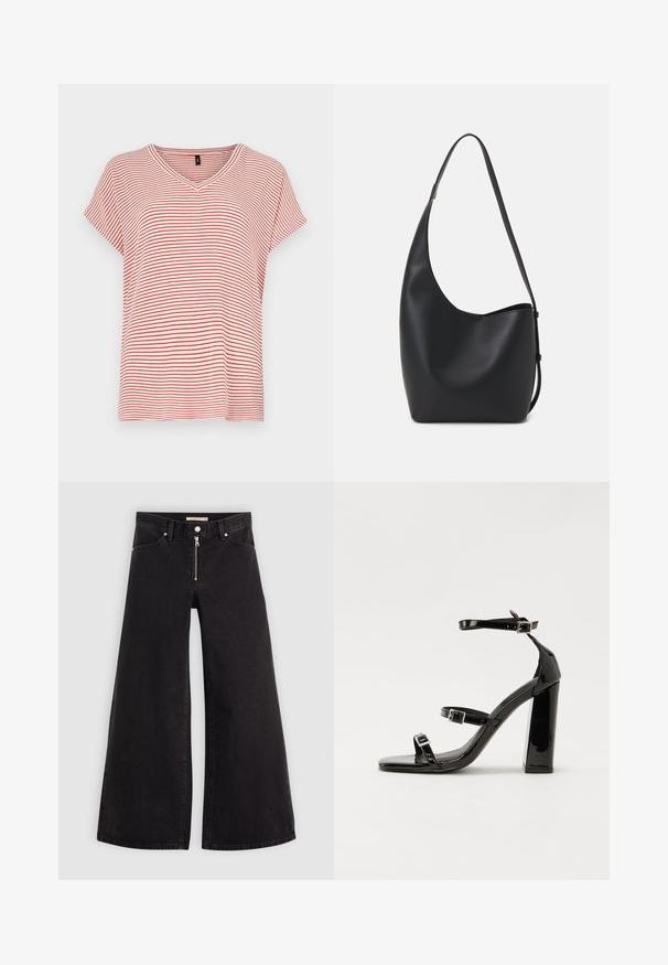 Červeno-bílé pruhované tričko s krátkým rukávem a výstřihem do V, uvolněný střih a měkká tkanina. Pruhy rovnoměrně rozmístěné po celém designu.; Džíny s širokými nohavicemi v černém denimovém provedení se zipem vpředu, pěti kapsami a jemnými švy. Hladká textura a ležérní styl.; Černé lakované sandály na podpatku se čtveratou špičkou, lýtkovými pásky a stříbrnými přezkami. Disponují masivním blokovým podpatkem pro stabilitu.; Černá kožená hobo taška s hladkým povrchem, zakřiveným tvarem a jedním nastavitelným popruhem; má široké otevírání nahoře.