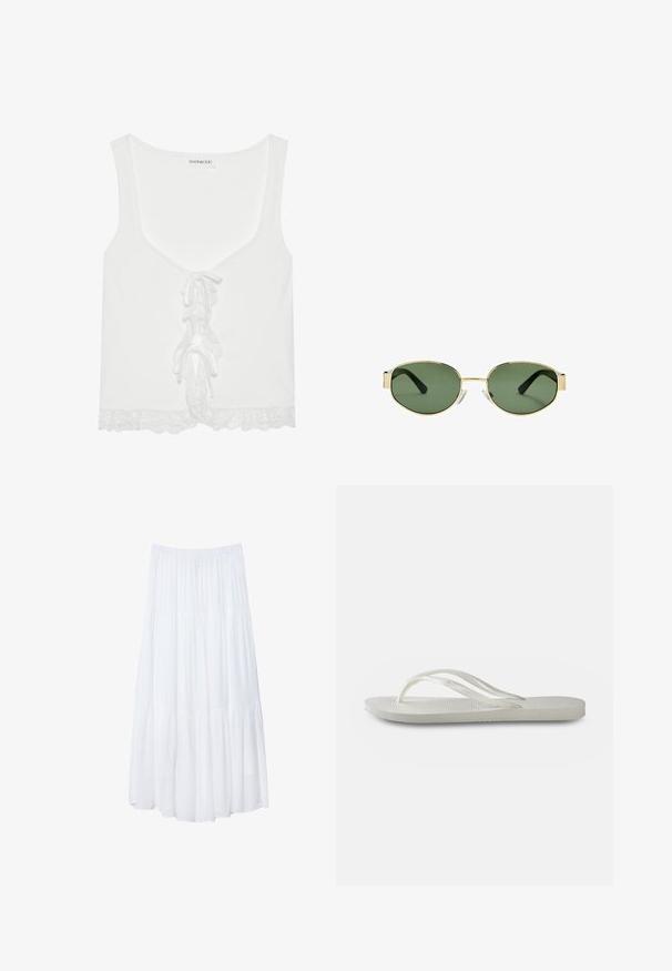 Top in cotone bianco con costine, caratterizzato da scollatura a V, dettaglio frontale con lacci e bordo in pizzo. Realizzato in tessuto morbido con un design aderente.; Gonna maxi bianca a più strati realizzata in tessuto leggero. Presenta una vita elastica e un design fluido con una morbida e sottile texture.; Infradito bianchi con suola testurizzata, caratterizzate da cinghie sottili e design piatto. Realizzate in gomma con un logo sottile sulla soletta.; Occhiali da sole con montatura dorata e lenti verdi, forma ovale, stanghette nere e naselli trasparenti. Design pulito e minimalista.