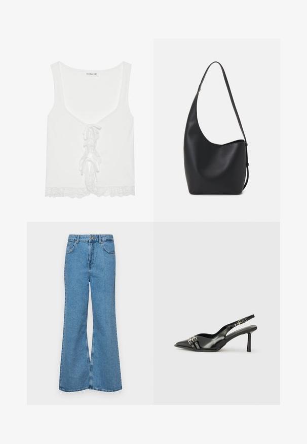Camisola de alças branca canelada com decote em V, detalhe de cordão na frente e acabamento em renda na bainha. Feita de um tecido suave com um design ajustado.; Jeans de brim azuis claros, com corte à boca de sino, apresentando uma cintura alta, cinco bolsos e um fecho de botão único. Textura macia com acabamento desbotado.; Sapato slingback preto em pele patentada com bico apontado, tiras no tornozelo apresentando fivelas e acessórios prateados, e um salto elegante.; Saco hobo preto em pele com uma textura lisa, forma curva e uma única alça ajustável; apresenta uma abertura larga na parte de cima.