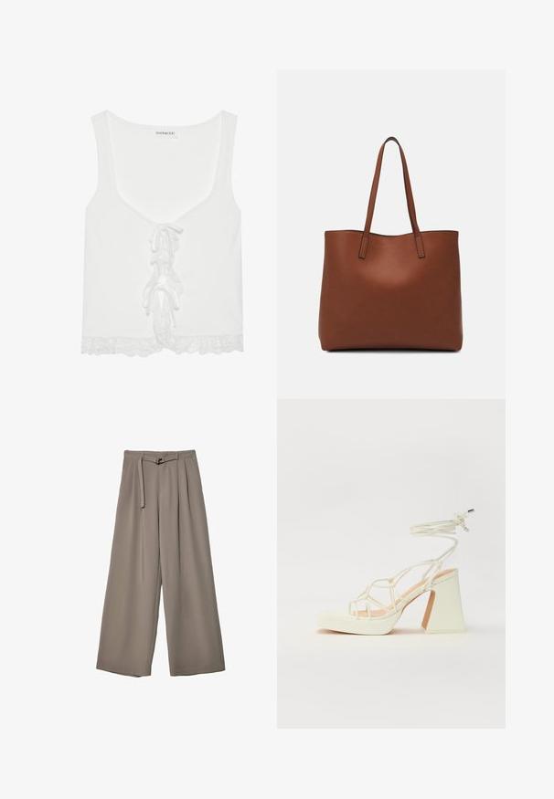 Bela rebrasta majica na naramnice z V-izrezom, detajlom z vrvicami spredaj in čipkastim robom. Narejena iz mehkega materiala z oprijetim dizajnom.; Široke hlače iz mehke, umirjene sive tkanine, z pasom, ki ga je mogoče zavezati, in z gubami za dodatne oblikovne podrobnosti. Gladka tekstura, brez vzorcev.; Bela sandala na visokih petah s debelim petam, ki ima obliko trakcev in vezanje okoli gležnja. Gladka tekstura z platformo spredaj za dodatno višino.; Rjava usnjena torba z gladko teksturo, odprto zasnovo zgoraj in dvema naramnima trakovoma. Opremljena je z minimalnim šivanjem in brez vidnih kovinskih delov.