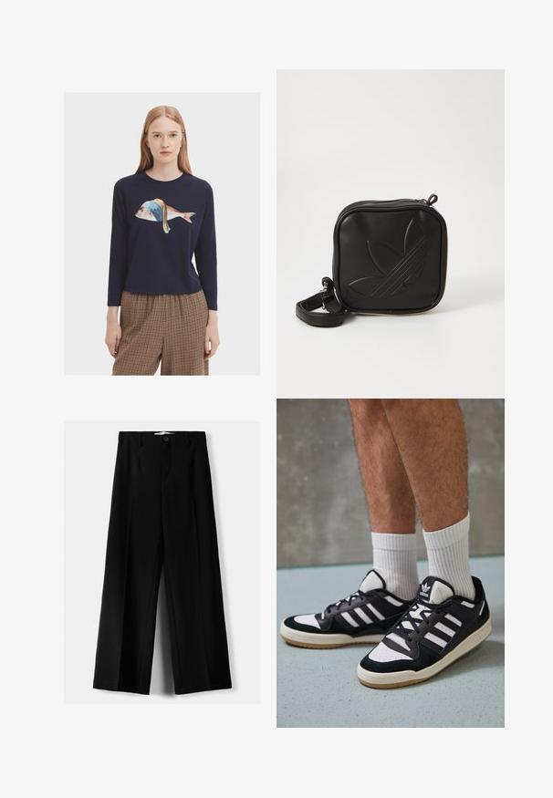 Navy long-sleeve shirt featuring a fish graphic with a blue and yellow headband. Soft fabric and relaxed fit, paired with checkered pants.; Black wide-leg trousers made of lightweight fabric, featuring a front button closure and flat front, with neatly stitched hems.; Black and white sneakers with a suede and leather upper, featuring three white stripes, a perforated toe, and a gum rubber sole.; Black square crossbody bag made of textured synthetic material. Features an embossed logo design and adjustable strap. Zipper closure.