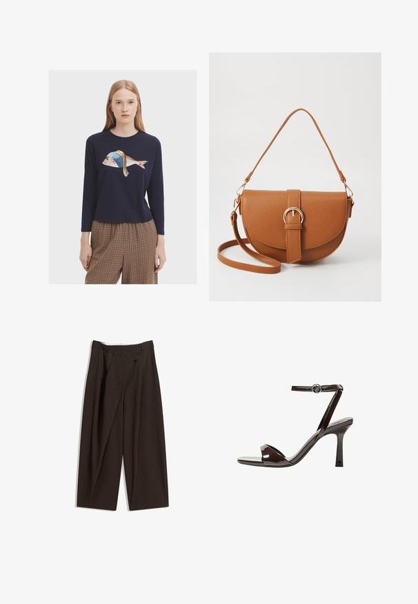 Navy long-sleeve shirt featuring a fish graphic with a blue and yellow headband. Soft fabric and relaxed fit, paired with checkered pants.; Dark brown wide-leg trousers with a high waist, featuring a single button closure and a pleated front. Made from lightweight fabric.; Brown patent leather high-heeled sandal with an ankle strap, open toe, and a sleek, minimalist design. Features a square heel.; Brown leather crossbody bag with a curved shape, gold hardware, and a buckle accent. Features a detachable shoulder strap.
