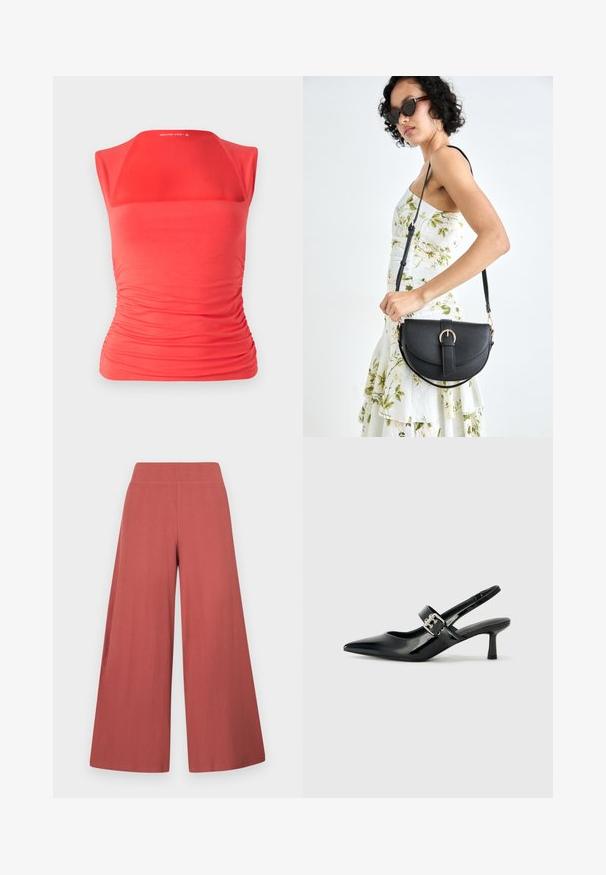 Top vermelho sem mangas com decote quadrado, textura franzida nas laterais, feito de tecido elástico para uma silhueta ajustada.; Calças de perna larga em tom ferrugem, feitas em tecido texturizado com nervuras verticais. Possuem um cós alto e elástico.; Saltos slingback em verniz preto com bico pontiagudo e um pequeno salto bloco, apresentando um detalhe de fivela prateada na tira.; Bolsa de couro preta com forma curva, alça destacável e detalhes em dourado. A bolsa possui uma aba com detalhe de fivela.