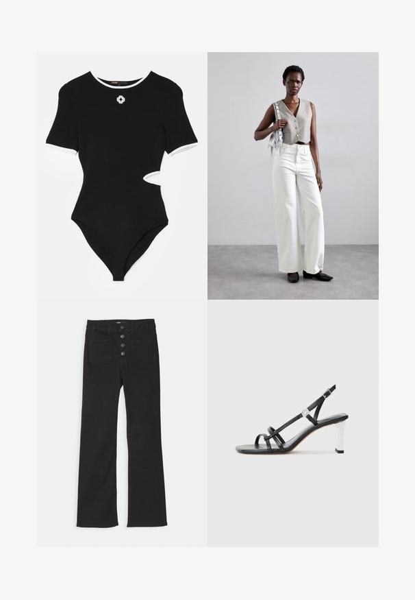 Juodas bodis su trumpomis rankovėmis, baltu apvadu ir išpjova šone. Yra mažas dekoratyvinis emblema ant krūtinės.; Juodi džinsai su plačiais klešniais, aukštu liemeniu, penkių kišenių dizainu ir priekiniais užtrauktukais, kuriuose yra keturi metaliniai mygtukai.; Juodi suknelės sandalai su keliais siaurais dirželiais, slingback dizainas ir sidabro akcentu ant kulno. Lygus viršutinis medžiagos paviršius ir kvadratinis kulnas.; Pilkas trumpas liemeniukas su sagomis, derinamas su baltomis plačiomis kelnėmis ir juodais butais be kulno. Papuoštas mažąja sidabrine frakcionuotų rankinuke.