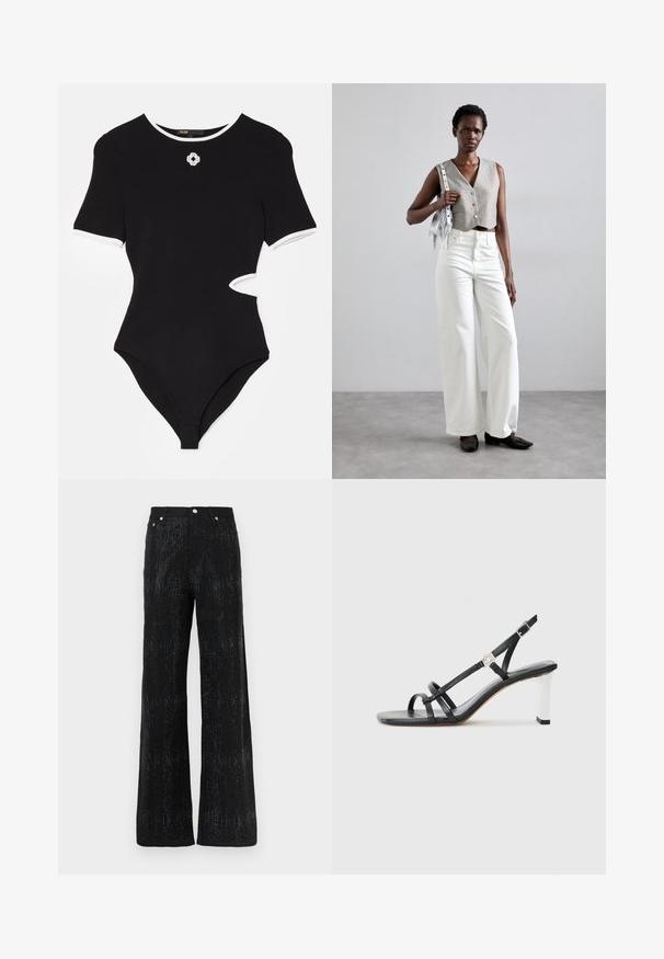 Sort bodysuit med korte ærmer, hvid trim og en udskæring på siden. Har en lille dekorativ emblem på brystet.; Sorte bukser med brede ben og en tekstureret overflade, der har et glitrende mønster. Afsluttet med et standard taljebånd og metal knapdetaljer.; Sorte hælede sandaler med flere smalle remme, et slingback-design og en sølvaccent på hælen. Glat overflademateriale og firkantet hæl.; Grå cropped vest med knapper, parret med hvide wide-leg jeans og sorte flade sko. Accepteret med en lille sølv frynse taske.