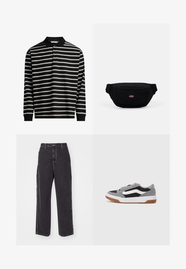 Polo à manches longues en tissu noir avec des rayures horizontales blanches, doté d'un col et d'une patte de boutonnage à trois boutons.; Pantalons en denim noir avec une coupe décontractée, présentant des coutures blanches contrastantes et une fermeture à bouton. Design à jambes droites, sans poches supplémentaires.; Baskets en daim grises et noires avec des accents blancs et une semelle en caoutchouc gomme, présentant un bout arrondi et un design à lacets.; Sac banane en tissu noir avec fermeture éclair, doté d'un petit logo de marque à l'avant. Design compact et arrondi avec des sangles réglables.