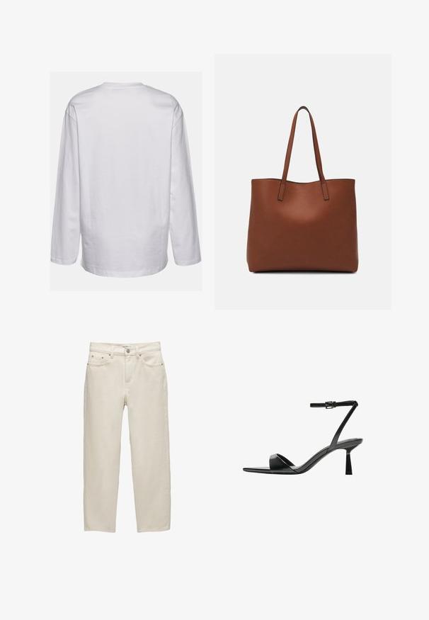 DEF EVERYDAY - Long sleeved top - white; White denim jeans with a relaxed fit, featuring a straight leg, five-pocket design, and metal hardware with a subtle texture.; Bershka High heeled sandals - black; Brown leather tote bag with a smooth texture, open top design, and two shoulder straps. Features minimal stitching and no visible hardware.