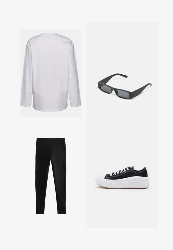 DEF EVERYDAY - Langarmshirt - white; Schwarze Leggings aus dehnbarem Material, mit einer körperbetonten Passform ohne sichtbare Nähte oder Taschen, geeignet für verschiedene Aktivitäten.; Schwarze Canvas-Sneaker mit weißen Schnürsenkeln, weißer Gummikappe und einer massiven weißen Zwischensohle. Besondere Merkmale sind dezente weiße Nähte und eine Gummisohle.; Schwarze rechteckige Sonnenbrillen mit dunklen Gläsern und dicken matten Rahmen. Die Bügel sind leicht verjüngt und haben eine glatte Oberfläche.