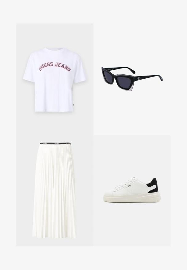 Valkoinen puuvillainen t-paita, jossa on pyöreä pääntie, lyhyet hihat ja "GUESS JEANS" -logo punaisena ja sinisenä kaarena edessä.; Hame valkoinen pliseerattu hame mustalla joustavalla vyötäröhihnalla, jossa on "LACOSTE"-logo. Puolipitkä malli pehmeällä tekstuurilla.; Valkoiset nahkakengät paksulla valkoisella pohjalla, mustalla mokkanahkaosuudella kannassa ja kohokuvioitu logo sivulla. Nauhakeskitys kuudella reiällä.; Mustat ylisuuret aurinkolasit, joissa on geometrinen muoto, tummat linssit ja kehykseen erottuva harmaa yksityiskohta. Logo varressa.