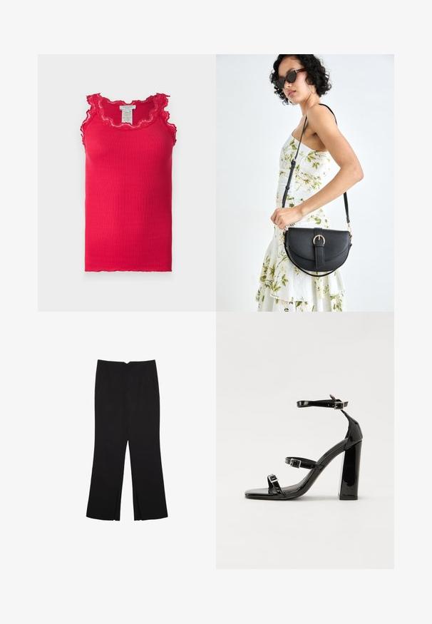 Rosemunde BABETTE U NECK - Top - crimson; Črne hlače ravnega kroja z naglavnimi žepi in stranskimi razporki na robu. Narejene iz mehke, gladke tkanine. Primerne za različne priložnosti.; Črne lakirane sandale s peto, kvadratnim prstom, trakovi okrog gležnja in srebrnimi zaponkami. Opremljene so s stabilno Debelo peto.; Črna usnjena torbica s ukrivljeno obliko, z odstranljivo naramnico in zlatimi dodatki. Torbica ima pokrov s podrobnostmi v obliki zaponke.