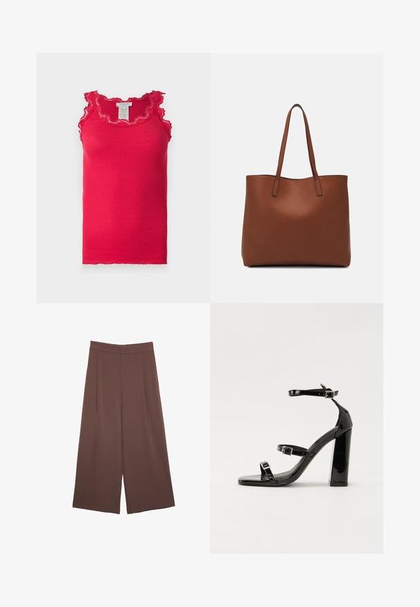 Rosemunde BABETTE U NECK - Linne - crimson; Bruna vida byxor med en slät textur, som har hög midja och framfickor. Tyget är lätt och flödar löst.; Svarta lackerade klacksandaler med fyrkantig tå, ankelremmar och silverfärgade spännen. Har en kraftig blockklack för stabilitet.; Brun läder tote-väska med en slät textur, öppen toppdesign och två axelremmar. Har minimal söm och ingen synlig metalldetalj.