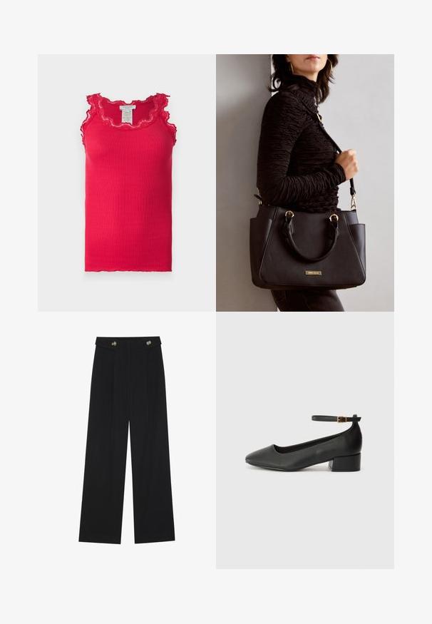 Rosemunde BABETTE U NECK - Top - crimson; Calças largas pretas com cintura alta, detalhes em botão na cintura e pregas frontais.; Sandal de pele preta com bico pontiagudo e um salto bloco baixo. Apresenta uma tira no tornozelo com uma fivela em tom dourado. Textura suave.; Bolsa preta com superfície texturizada, alças superiores duplas e alça de ombro ajustável. Apresenta ferragens em tom dourado e bolsos laterais.