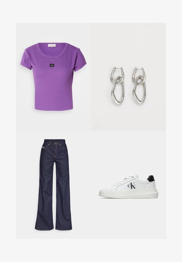 Lilla ribbet kortærmet t-shirt med rund halsudskæring og et lille sort Calvin Klein-logo på brystet. Blød tekstur.; Mørkeblå bredbenede jeans i denimstof med høj talje, prydet med orange stikninger, fem-lomme design og knaplukning.; Hvide lavtoppede sneakers med sort hælkænke, platformssål, snørebånd og Calvin Klein "CK" logo på siden.; Calvin Klein STATEMENT LINKS - Øreringe - silver-coloured