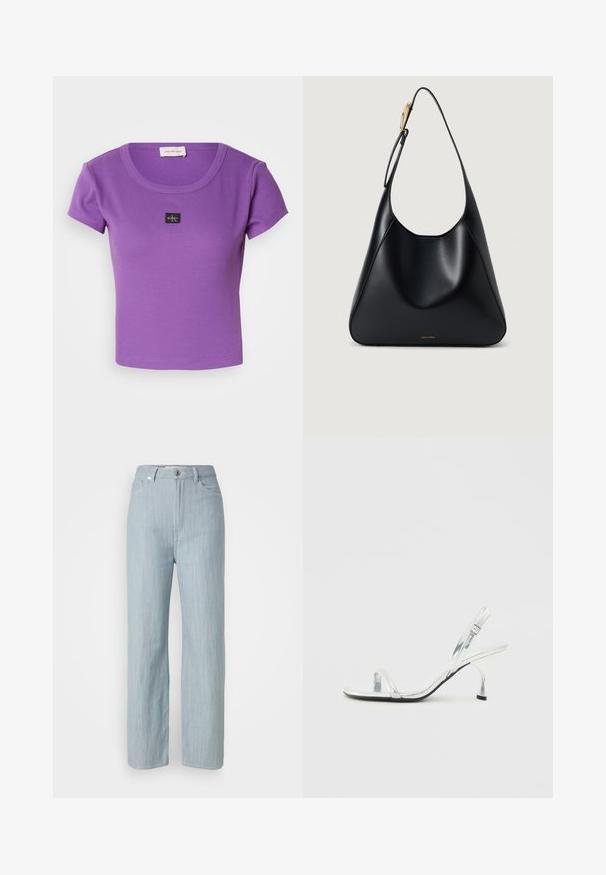 T-shirt roxa de manga curta com nervuras, apresentando um decote redondo e um pequeno logótipo preto da Calvin Klein no peito. Textura suave.; Calças de ganga azul-claro de perna reta. Apresentam cinco bolsos, fecho com botão metálico e um leve efeito de desgaste para adicionar textura.; Sandal de salto alto em verniz prata, com tira estreita na ponta do pé, fivela ajustável e um salto delgado.; Bolsa de ombro em couro preto com uma textura suave, silhueta curvada e um detalhe em metal dourado. Apresenta logótipo da marca em relevo na base.