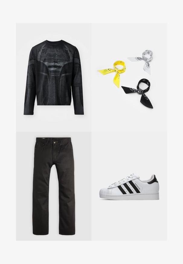 Pitkähihaisen mustan urheilupaidan etupuolella on tummanharmaita tekstuuri graafisia kuvastoja, joissa lukee "MISHV" ja "SPORT".; Mustat suoralahkeiset housut, joissa on edessä nappi- ja vetoketjusuljenta, vyölenkit ja viisi taskua vaalealla taustalla.; Valkoiset Adidas Superstar -lenkkarit mustilla raidoilla, kuorikärjellä ja "Superstar" -tekstillä sivussa, esitettynä vasemmasta profiilista valkoista taustaa vasten.; Kolme bandanaa: yksi keltainen mustilla kuvioilla, yksi valkoinen mustilla kuvioilla ja yksi musta valkoisilla graafisilla kuvilla. Kaikki ovat neliöitä, kevyttä kangasta.
