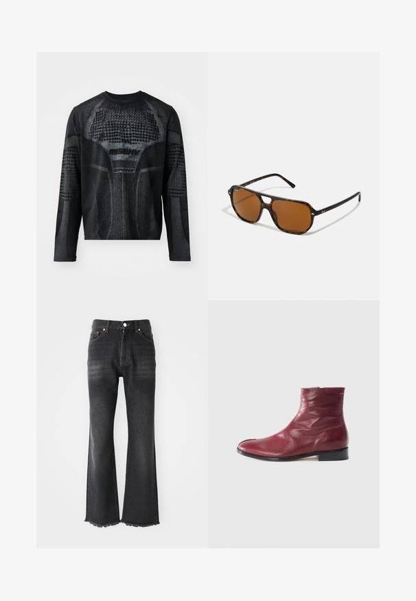 Juoda ilgomis rankovėmis sportinė marškinė su tekstūriniu grafikiniu piešiniu tamsiai pilkos spalvos, priekyje esančiu „MISHV“ ir „SPORT“ prekės ženklu.; Juodi plačios kojų džinsai su vidutiniu skalbimu, turi nusidėvėjusį galiuką, penkių kišenių dizainą ir metalinį mygtuko uždarymą. Pagaminti iš džinsinio audinio.; Bordo odiniai aulinukai su lygia tekstūra, šonu užtrauktukas, apvaliu nosiu ir žemu juodu kulnu, turi subtilių raukšlių ir minimalų siuvimą.; Suklėtos akiniai nuo saulės su rudais lęšiais, stačiakampio formos ir metalinėmis apdailomis ant rėmo. Išmanus dizainas su plonais šonais.