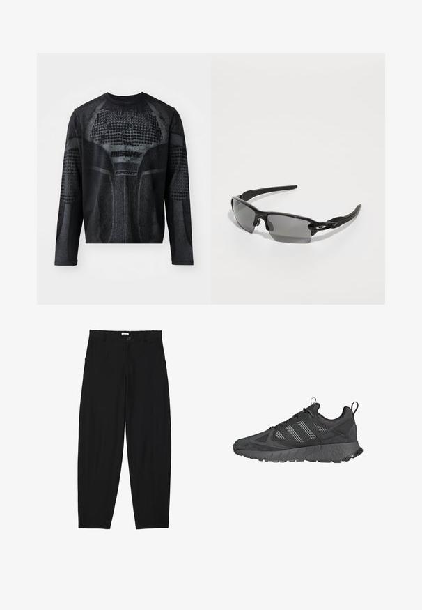 Camisa atlética de manga larga negra con un estampado gráfico texturizado en gris oscuro, con la marca "MISHV" y "SPORT" en el frontal.; Pantalones negros de canalé con un corte relajado. Cuentan con bolsillos frontales y un cierre de botón en la cintura. Textura suave y diseño de pierna recta.; Zapatillas deportivas negras con parte superior de malla y ante, suela de goma texturizada, collar acolchado y un distintivo diseño de tres rayas en gris.; Gafas de sol deportivas negras con lentes grises, diseño de marco curvado y detalle del logotipo en el lateral. Fabricadas en un material plástico ligero.