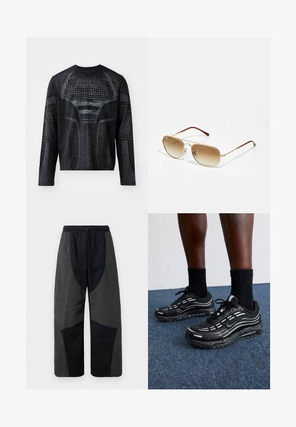 Juoda ilgomis rankovėmis sportinė marškinė su tekstūriniu grafikiniu piešiniu tamsiai pilkos spalvos, priekyje esančiu „MISHV“ ir „SPORT“ prekės ženklu.; Juodi kelnės su vilnoniu akcentu, laisvu kirpimu, su kontrastingomis tamsiai pilkomis medžiagos panelėmis ir reguliuojamu raišteliu juosmenyje.; Juodi Nike batai turi orui pralaidžią viršutinę dalį su akcento juostelėmis, tekstūruotais raišteliais ir juodu guminio pado. Dėvimi su juodais šonkauliniais sokais.; Auksinės aviatorių saulės akinių rėmelis su gradientiniais rudos spalvos objektyvais, metaliniu rėmu ir rudo plastiko šventovėmis. Lygus paviršius, minimalus detalių kiekis.