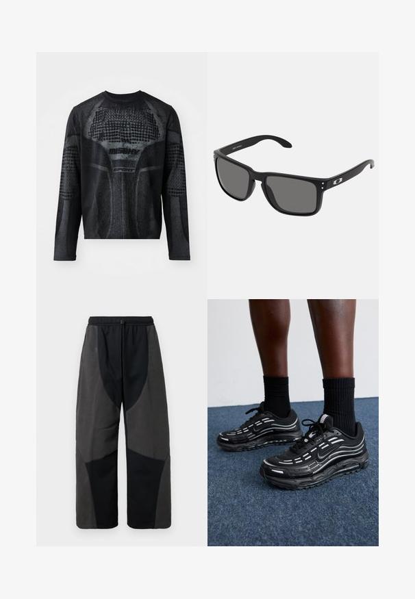 Camisola atlética preta de manga longa com um padrão gráfico texturizado em cinza escuro, com as marcas "MISHV" e "SPORT" na frente.; Calças pretas com detalhes em fleece e um corte relaxado, apresentando painéis de tecido cinza escuro em contraste e uma cintura elástica ajustável com cordão.; Os sapatos pretos da Nike apresentam um upper em malha com riscas de destaque, atacadores texturizados e uma sola de borracha preta. Usados com meias pretas caneladas.; Óculos de sol pretos com uma armação de plástico espesso, lentes cinza escuro e detalhes metálicos subtis nas hastes. Forma quadrada com textura suave.