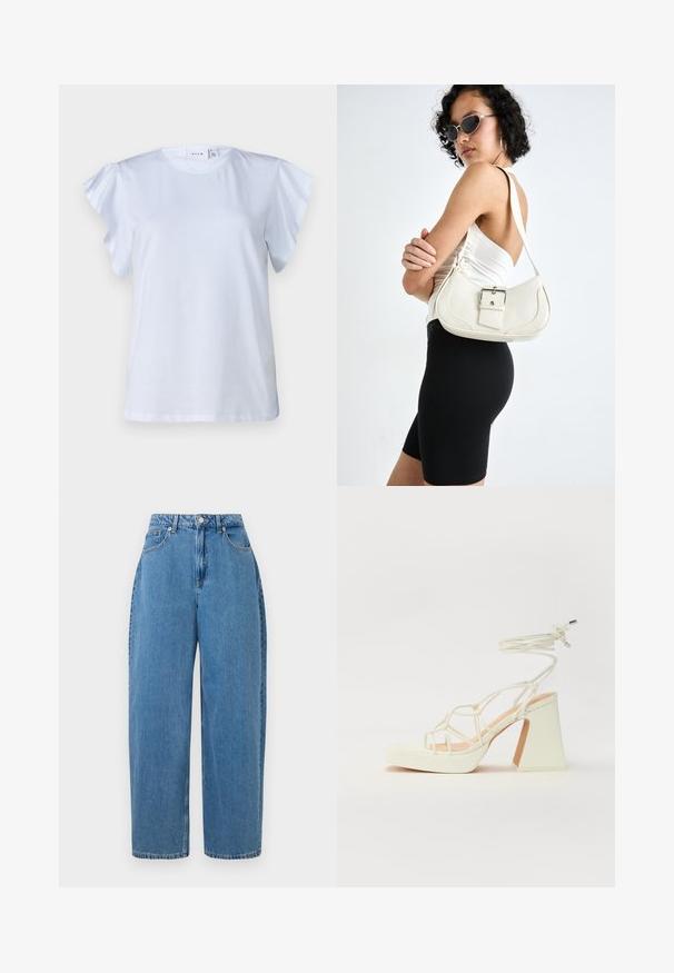 Valkoinen t-paita lyhyillä röyhelösateilla, pyöreä kaula-aukko ja pehmeää puuvillakangasta. Yksinkertainen muotoilu ilman kuvioita tai koristeita.; Vaaleansininen farkkuhousut suoralinjaisella mallilla, korkealla vyötäröllä ja etunappikiinnityksellä. Varustettu viidellä taskulla ja vähäisillä tikkausompeluksilla.; Valkoinen korkokenkä, jossa on paksu korko, ja joka sisältää nauhakiinnityksen ja nilkkaketjun. Sujuva pinta, jossa on platform-etupohja lisäkorkeutta varten.; Valkoinen nahkalaukku, jossa on kaareva muoto, säädettävä olkahihna ja pieni solk yksityiskohta. Mallilla on yllä tiukka musta asu.