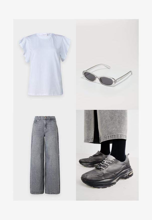 White t-shirt with short ruffled sleeves, round neckline, and soft cotton fabric. Simple design with no patterns or accents.; Wide-leg denim jeans in a faded gray wash, featuring five pockets, a button closure, and a soft texture with subtle whiskering details.; Black and gray athletic shoes feature a mesh upper, thick soles, and laces. They have a rounded toe and visible cushioning detail.; Sunglasses with an oval shape, clear plastic frame, dark gray lenses, and thin transparent arms featuring logo accents and minimal detailing.