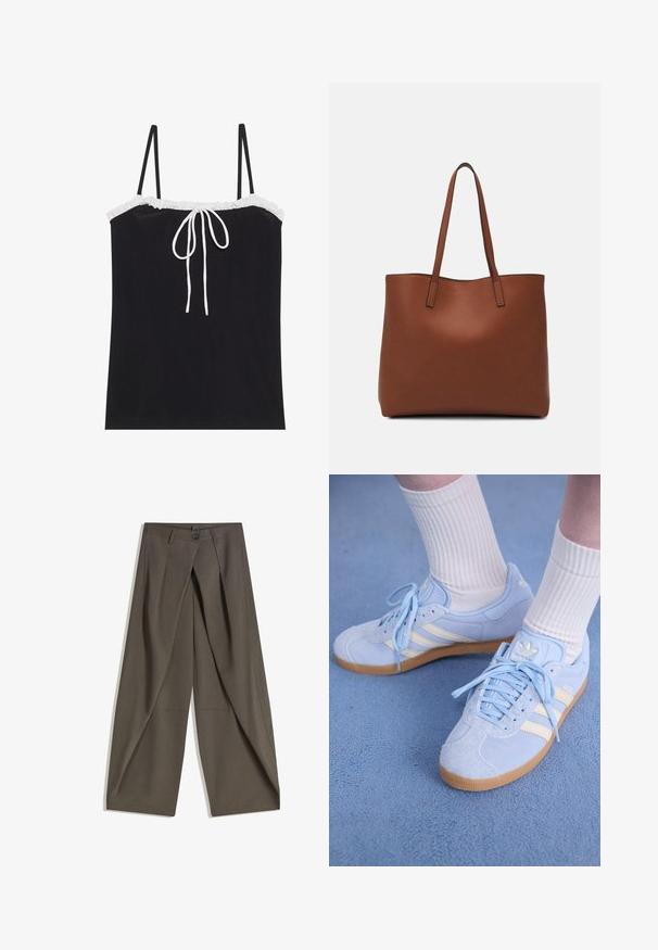 Schwarzes Trägershirt mit verstellbaren dünnen Trägern, das einen weißen Rüschenausschnitt und ein Bindedetail in der Mitte aufweist. Glatte Textur, einfaches Design.; Weite Hosen aus einem strukturierten, dunkelgrauen Stoff. Mit einer vorderen Faltenlegung, Knopfverschluss und praktischen Seitentaschen ausgestattet.; Hellblaue Wildledersneaker mit weißen Streifen, flachen Schnürsenkeln und einer Sohle aus Gummi. Am Knöchel werden gerippte, weiße Socken getragen.; Braune Leder-Tote mit glatter Textur, offenem Oberteil und zwei Schulterriemen. Verfügt über minimale Nähte und keine sichtbaren Beschläge.