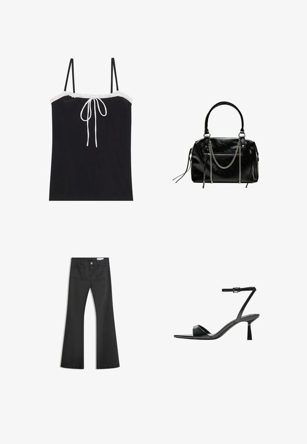 Sort camisole-top med justerbare tynde stropper, med en hvid flæse ved halsudskæringen og en detalje med midterbinding. Glat tekstur, enkelt design.; Sorte flared jeans lavet af denim med en glat tekstur, som har to baglommer og en knaplukning i taljen.; Bershka Højhælede sandaletter / Højhælede sandaler - black; Bershka WITH CHAIN - Håndtasker - black