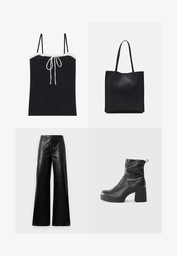 Mustassa topissa on säädettävät ohuet olkaimet, valkoinen röyhelökaulus ja keskellä solmukohta. Sujuva pinta, yksinkertainen muotoilu.; Mustat korkeat leveät keinonahkahousut, joissa on etupainike, vetoketjukiinnitys, vyölenkit ja sivutaskut valkoista taustaa vasten.; Mustat nilkkurit, jotka on valmistettu sileästä nahasta. Niissä on sivuvetoketju, paksu teksturoitu korko ja pyöristetty kärki.; Mustapahkainen kangaskassi, jossa on sileä pinta, suorakaiteen muotoinen ja kaksi pitkää kahvaa. Ei näkyvää metalliosaa tai koristeita.