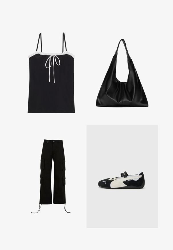 Črna kamizola s prilagodljivimi tankimi naramnicami, z belim volančastim izrezom in središnjo vezavo. Gladka tekstura, preprost dizajn.; Črne cargo hlače z sproščenim krojem, ki vključujejo cargo žepi na straneh, vrvico na robovih in zapenjanje s gumbi v obliki pasu.; Črne in kreme ultra lahke čevlje z zgornjim delom iz semiša, ravnim podplatom, elastičnimi trakovi in majhnim logotipom na prstih.; Črna usnjena hobo torba z mehko, ukrivljeno obliko. Ima širok zgornji ročaj in gube na dnu, kar daje torbi udoben izgled.