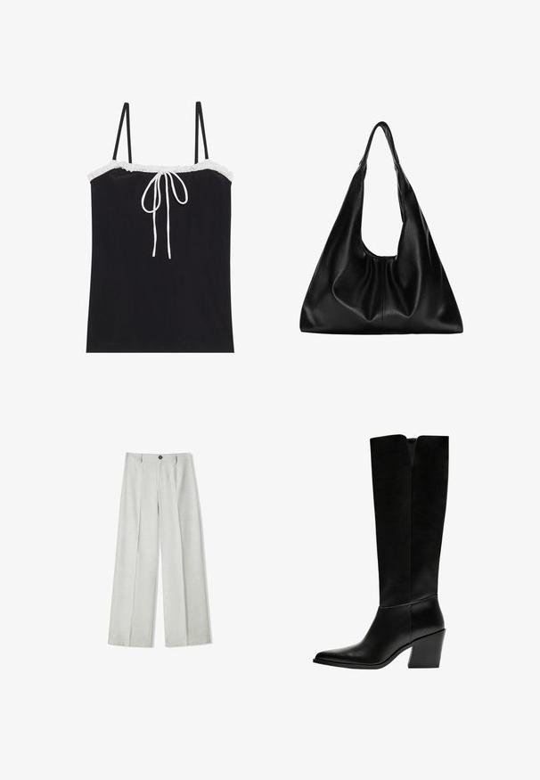 Schwarzes Trägershirt mit verstellbaren dünnen Trägern, das einen weißen Rüschenausschnitt und ein Bindedetail in der Mitte aufweist. Glatte Textur, einfaches Design.; Helle graue weit geschnittene Hose aus einem strukturierten Stoff, mit einem Knopfverschluss und zwei Falten vorne für zusätzlichen Detail.; Schwarze kniehohe Stiefel aus glattem Leder, mit spitzem Schuhbund, einem Blockabsatz und einem V-förmigen Ausschnitt an der Oberseite.; Schwarze Leder-Hobo-Tasche mit einer weichen, geschwungenen Form. Sie verfügt über einen breiten Oberhandgriff und Falten an der Basis für eine lässige Textur.