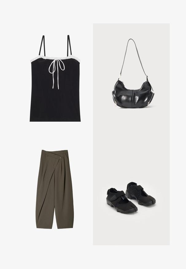 Schwarzes Trägershirt mit verstellbaren dünnen Trägern, das einen weißen Rüschenausschnitt und ein Bindedetail in der Mitte aufweist. Glatte Textur, einfaches Design.; Weite Hose aus dunkelolivgrünem Stoff mit einem gefältelten Vorderdesign, einem Knopfverschluss und einer glänzenden, strukturierten Oberfläche.; Schwarze Wasserschuhe aus flexiblem Stoff mit einem Klettverschluss, ausgestattet mit einem einzigartigen Zehentrenndesign und einer strukturierten Gummisohle für besseren Halt.; Schwarze lederne, mondförmige Schultertasche mit silbernen Reißverschlüssen auf beiden Seiten und einem einzigen Trageriemen.; Silberne Casio Quarzuhr mit rechteckigem Ziffernblatt, analogem und digitalem Display, Edelstahlarmband und wasserdichten Eigenschaften.
