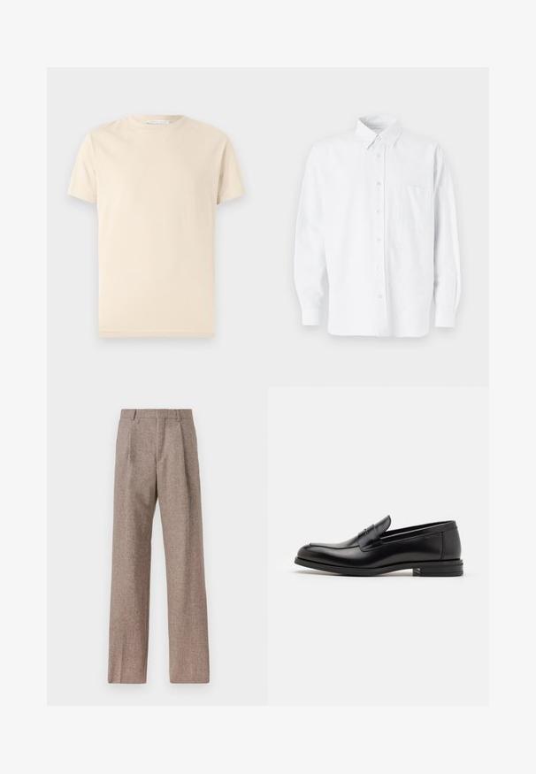 Béžové bavlnené tričko s okrúhlym výstrihom a krátkymi rukávmi. Hladký povrch bez vzorov alebo grafiky. Jednoduchý, klasický dizajn.; Biela košeľa s gombíkmi a golierom, s jemnými vertikálnymi prúžkami, dlhými rukávmi, vreckom na hrudi a klasickým oblým spodkom.; Hnedé, vysoké nohavice vyrobené z texturovanej látky. Majú široké nohavice a dva predné záhyby pre štruktúru. Úhľadné spracovanie bez viditeľného kovania.; Čierne kožené mokasíny s hladkou textúrou, zaoblenou špičkou a dekoračným pásikom cez priehlavok. Nízky vrstvený opätok, minimalistický dizajn.