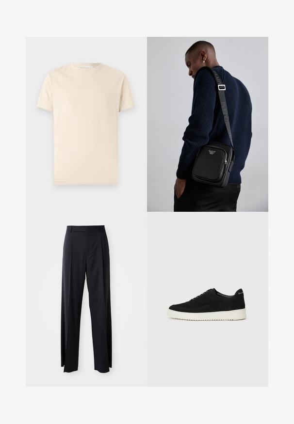 Beige bomulds t-shirt med rund hals og korte ærmer. Glat tekstur uden mønstre eller grafik. Enkel, klassisk design.; Sorte, højtaljede bukser med vide ben, lavet af glat stof. Har frontfolder og bæltestropper. Minimalistisk design, ingen synlige hårde detaljer.; Sort ruskinds sneaker med snørebånd og kontrasterende hvid gummisål. Har teksturerede sidepaneler og diskret branding på hælen.; Sort læder crossbody taske med en lynlåslomme, logodetalje og en justerbar rem med brandnavn. Båret over en tekstureret marineblå sweater.