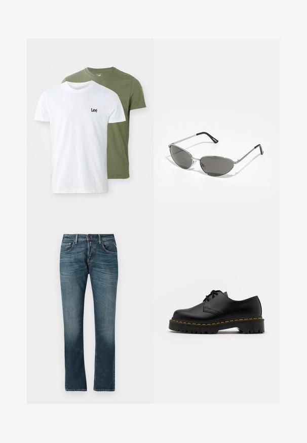 Two short-sleeve t-shirts: one white with a black "Lee" logo and one olive green. Both are made of soft cotton with a classic fit.; Blue denim jeans with a straight leg fit, faded wash, five-pocket design, and contrasting stitching. Button and zip fly closure.; Black leather lace-up shoe with a rounded toe, textured rubber sole, and yellow stitching around the base. Flat design and smooth finish.; Sunglasses with a sleek, silver metal frame, gray tinted lenses, and an aerodynamic design featuring pointed edges and thin arms.