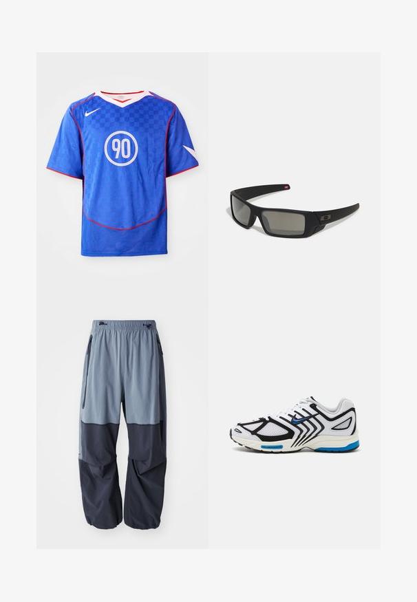 Camisa de futebol Nike azul com um padrão quadrado, mangas curtas, design em v, detalhes brancos e um gráfico circular central "90".; Calças largas bicolor para o exterior, com a parte superior em azul claro e a parte inferior em azul marinho escuro, apresentando cintura com cordão e bolsos laterais.; Sapatilha atlética branca com detalhes pretos, painéis de malha e pormenores azuis. Possui uma sola texturizada e linhas de design elegantes.; Óculos de sol pretos com acabamento mate, lentes retangulares, leve curvatura nas hastes, detalhe sutil do logo e lentes de cor fumada.