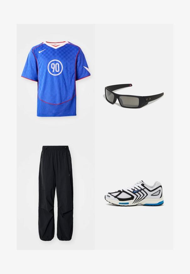 Zils Nike futbola krekls ar pārbaudes rakstu, īsām piedurknēm, V-veida kakla dizainu, baltām akcentiem un centrālu apļu "90" grafiku.; Melnas vieglas kravas bikses ar elastīgu jostu, sānu rāvējslēdzējiem un plašām kabatām. Izaicinājumu veido brīvi pieguļoša piegriezne un sašaurināti aproces.; Balta sporta kurpe ar melniem akcentiem, sieta paneļiem un zilām detaļām. Iezīmējas ar fakturētu zoli un izsmalcinātām dizaina līnijām.; Melni saulesbrilles ar matētu apdari, taisnstūra lēcām, nedaudz izliektiem tempļiem, smalkiem logotipa elementiem un dūmu nokrāsas lēcām.