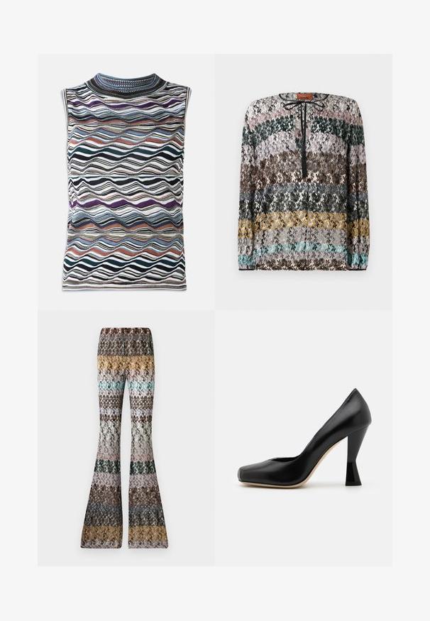Bezramkowa bluzka z wielokolorowym falistym wzorem w odcieniach niebieskiego, czerni, fioletu i pomarańczowego, wykonana z teksturowanej tkaniny.; Sweter z długim rękawem w poziome zygzaki w kolorach czarnym, różowym, zielonym, brązowym, szarym, żółtym i turkusowym, z czarnym wiązaniem przy dekolcie.; Z dzianinowe rozkloszowane spodnie z wielokolorowymi poziomymi paskami w ziemistych odcieniach, w tym musztardowym, turkusowym, brązowym, czarnym, różowym i szarym.; Czarna skórzana szpilka z kwadratowym noskiem i unikalnie ukształtowanym, błyszczącym czarnym obcasem. Gładka tekstura i prosty design.