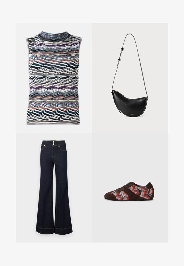 Top sem mangas com um padrão ondulado multicolorido em tons de azul, preto, roxo e laranja, feito de um tecido texturizado.; Calças de ganga de perna larga de cintura alta, em azul escuro, com bolsos frontais, dois botões visíveis e detalhes em costura amarela.; Sapatilhas de camurça castanha com um padrão em zigzag em tecido entrelaçado vermelho, preto e branco, com atacadores pretos e sola de borracha.; Bolsa de couro preto com um formato curvo e uma alça ajustável única. Apresenta um fecho em zíper e um hardware dourado minimalista.