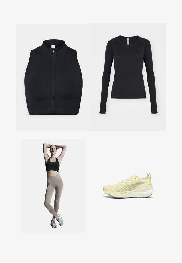 Top sportivo nero corto con colletto alto e zip frontale. Realizzato in tessuto elasticizzato con una consistenza liscia e cuciture minime.; Camicia a maniche lunghe nera, realizzata in tessuto morbido. Presenta un collo rotondo e maniche raglan con aperture per il pollice nei polsini. Design minimalista.; Reggiseno sportivo nero e leggings beige a vita alta, con cuciture laterali e dettagli. Il modello indossa scarpe da ginnastica grigio chiaro con suola imbottita.; Scarpa da ginnastica gialla chiara con parte superiore testurizzata, accenti grigi e suola ammortizzata. Presenta un design con lacci e una linguetta sul tallone.
