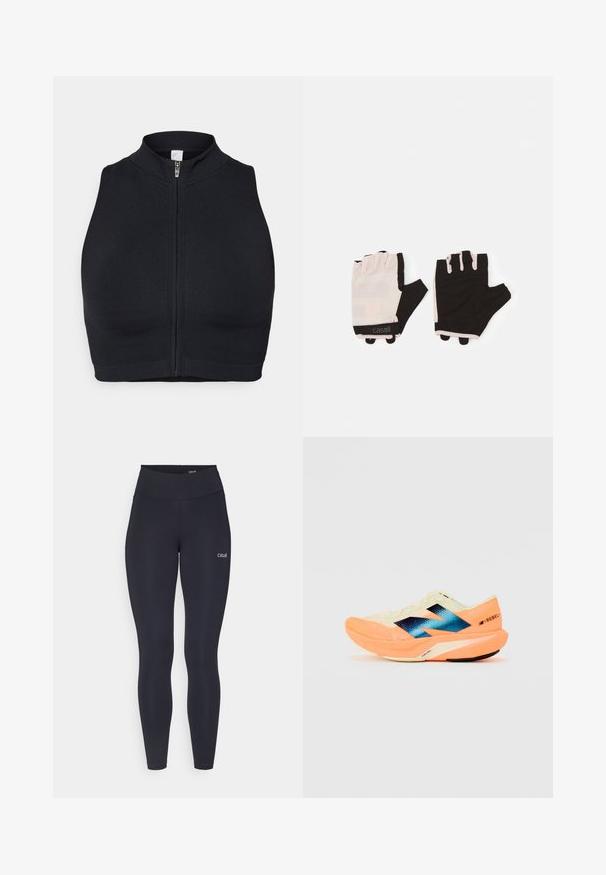 Svart sport crop-top med høy krage og glidelås foran. Laget av elastisk stoff med en jevn tekstur og minimale sømmer.; Svarte leggings med høy midje, laget av elastisk stoff, med en liten hvit logo på låret og en glatt tekstur.; Løpesko med en lett kremfarget overdel, blå merkevare og oransje detaljer på sålen. Nettverksstruktur for pusteevne.; Treningshansker med et lett rosa og svart design, laget av pustende materiale, med justerbart håndleddsbånd og teksturerte gripeelementer.