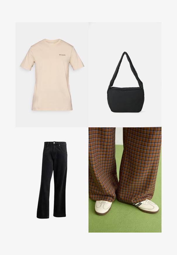 Béžové tričko s krátkym rukávom vyrobené z bavlny, s malým čiernym logom Columbia na ľavej hrudi. Štandardný dizajn s okrúhlym výstrihom.; Čierne džínsy z denimu so strihom rovná noha, s prednými vreckami, gombíkovým zapínaním a jemnou textúrou. Obsahujú nenápadný detail loga.; Hnedé a modré kárované nohavice s širokými nohavicami skombinované s bielymi topánkami s čiernymi akcentmi a textúrovanými podrážkami, umiestnené na zelenom pozadí.; Čierna ramenná taška s polstrovanou textúrou, zaobleným tvarom a širokým popruhom, s embosovaným logom na prednej strane.