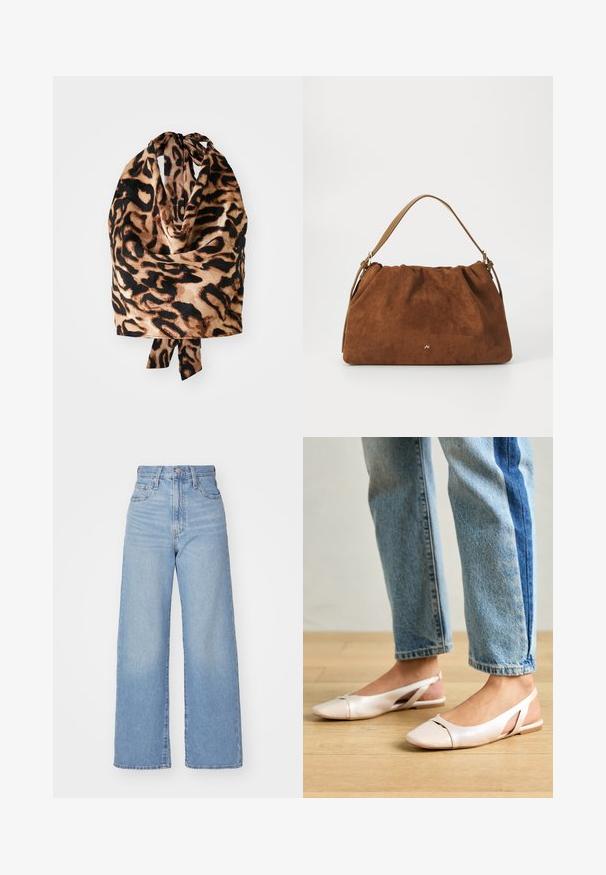 Eșarfă cu imprimeu de leopard, având o textură ușoară și mătăsoasă, în nuanțe de negru și bej; legată în partea de sus cu un detaliu mic sub formă de fundiță.; Jeans cu talie înaltă, de culoare albastru deschis, cu croială largă, dotate cu nasture și fermoar la față, buzunare în față și spate, pe un fundal alb.; Sandalete plate de un roz pal cu vârf ascuțit, realizate dintr-un material asemănător pielii, neted. Prezintă detalii decupate pe laterale și un toc plat.; Geantă din suede maro cu un design plisat, având o curea din piele bej și un detaliu subtil cu logo auriu în partea din față.