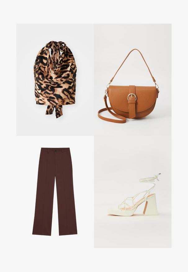 Sjaal met luipaardprint van een lichte, zijdeachtige stof in zwart en beige tinten; vastgebonden aan de bovenkant met een klein strikdetail.; Wijde broekspijp in een rijke bruine stof. Voorzien van een knoopsluiting, twee voorzakken, een soepele textuur en strakke lijnen.; Witte hoge hakken sandaal met een chunky hak, met een bandjesontwerp en enkelband. Gladde textuur met een plateau voor extra hoogte.; Bruine leren schoudertas met een gebogen vorm, gouden hardware en een gespaccent. Bevat een afneembare schouderriem.