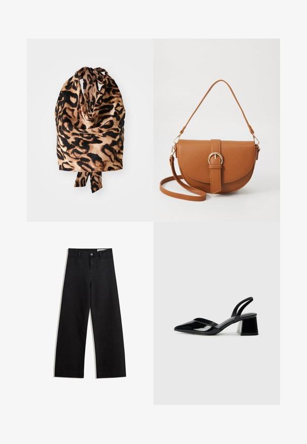 Šátek s leopardím potiskem, vyrobený z lehkého, hedvábného materiálu s černými a béžovými odstíny; svázaný nahoře s malou mašlí.; Černé denimové kalhoty s volným střihem a vysokým pasem, vybavené předními a zadními kapsami, prošívanými švy a knoflíkovým zapínáním. Hladká textura.; Černé lakované kožené lodičky na pásku s špičatou špičkou a geometrickým blokovým podpatkem. Vyznačují se elegantním, minimalistickým designem a hladkým povrchem.; Hnědá kožená křížová taška s zakřiveným tvarem, zlatými detaily a akcentem s přezkou. Obsahuje odnímatelný popruh na rameno.