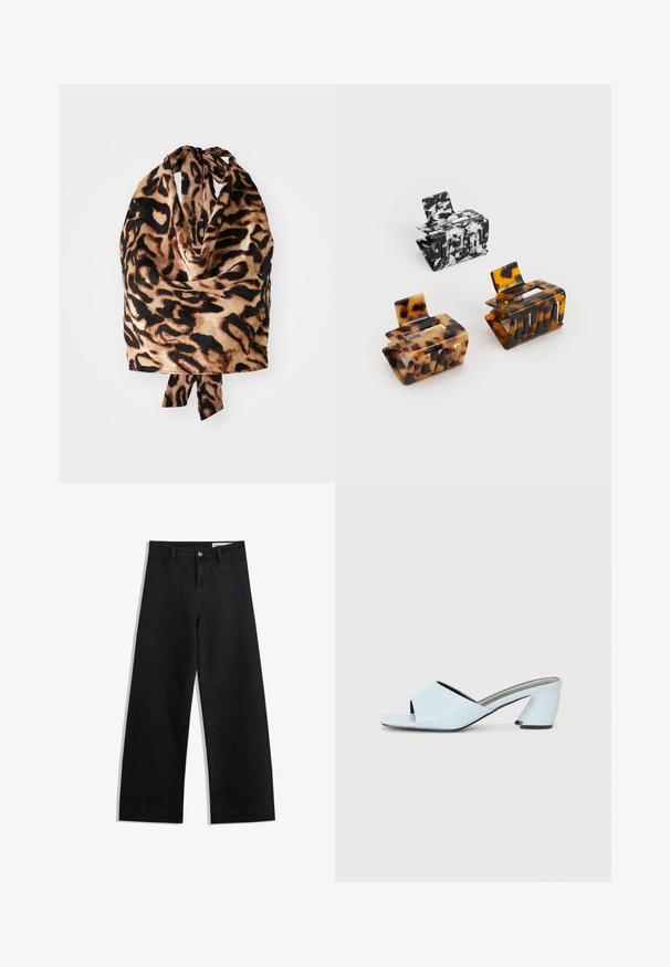 Sjaal met luipaardprint van een lichte, zijdeachtige stof in zwart en beige tinten; vastgebonden aan de bovenkant met een klein strikdetail.; Zwarte denim broek met wijde pijpen en een hoge taille, voorzien van voor- en achterzakken, gestikte naden en een knoopsluiting. Gladde textuur.; Lichtblauwe open teen hakmules met een geometrisch ontwerp, voorzien van een brede band over de voet en een forse, hoekige hak.; Drie haarspelden: één gemarmerd in zwart en wit, twee tortoise-shell in bruine en zwarte tinten, allemaal gemaakt van glanzend plastic met een gewelfde afwerking.