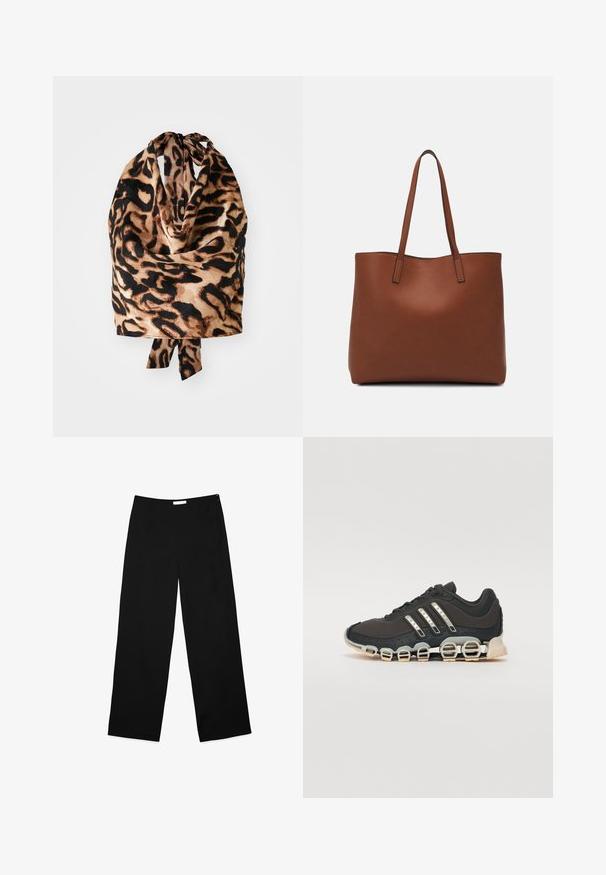 Leopardi-kuosisekoitin huivi, jossa on kevyt ja silkkinen rakenne mustalla ja vaaleanbeigellä sävyllä; sidottu ylhäältä pienellä solmukuvioilla.; Valkoiset leveälahkeiset housut mustasta kankaasta, jossa on sileä pinta, puhdas muotoilu ja huomaamaton sivuvetoketju kiinnitystä varten.; Musta urheilujalkine, jossa on teksturoitu päällinen, kolme hopeista raitaa ja erottuva vaimennustuli, jonka rakenne koostuu useista integroituista osista.; Ruskea nahkainen olkalaukku, jossa on sileä pinta, avoin yläosa ja kaksi olkahihnaa. Omaavat vain minimaalisen ompelun eikä näkyvää metalliosaa.