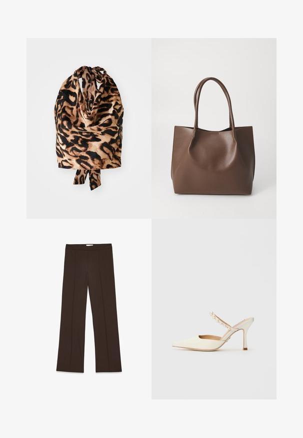 Leopardimustriga sall, mis on kerge ja siidine tekstuur, mustade ja beežide toonidega; seotud üleval väikese paelaga.; Pruunid laiad püksid siledast kangast; sisaldavad ees olevat voldikut ja tavalist vööd. Minimalistlik disain, ilma nähtavate kinnitusteta.; Steve Madden BRECKI - Kontsaga tagant lahtised kingad - ivory; Pruun nahkne kott kahe pika sangaga, struktureeritud kuju, sile pind ja minimalistik disain. Ilma nähtava riistvara või aksessuaarideta.