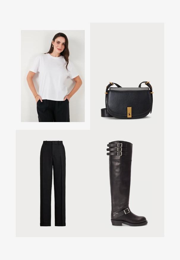 Balts īsām piedurknēm T-krekls ar brīvu griezumu, izgatavots no mīksta kokvilnas. Iekļaujapa augstu apkakli un normālu apakšmalu ar diskretiem sānu ielaidumiem.; Melni, augsta jostas līmeņa lina bikses. Aizraujoša taisna kāja, presētie krokas un aproces apakšmalā. Nav redzamu kabatu vai aizdaru.; Melnas ādas līdz ceļiem nēsājamās zābaki ar noapaļotu purngalu, trīs siksniņu sprādzēm augšpusē un sānu sprādzi. Plakanā zole un gluda tekstūra.; Melnas ādas crossbody soma ar izliekumu, zelta toņu aparatūru un priekšējo uzraksta detaļu ar logotipu. Iekļauta regulējama siksna.