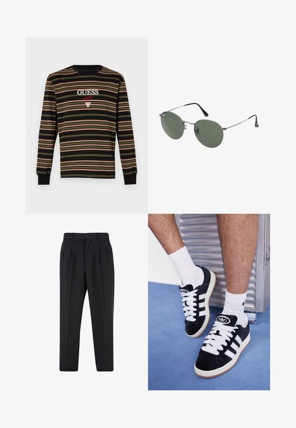 Garais piedurknes svītrains krekls melnā, olīvzaļā un rozā krāsā. Iekļauj izšūtu "GUESS" un trīsstūra logo uz krūtīm. Mīksta auduma.; Melni brīvie bikses ar krokotu priekšpusi, izgatavotas no gludas auduma. Iespējama poga aizdare un jostas cilpas; taisnu kāju forma.; Melni zamšaini sporta apavi ar baltiem šņorēm un trim baltām svītrām. Iekļauj arī apaļu melnu logotipu uz mēles un gumijas zoli.; Metāla rāmji saulesbrillēm ar ovālām zaļām lēcām. Tievs sudraba metal rāmji un melni ausu spilventiņi. Minimalistiska dizaina, bez redzamām apzīmējumiem.