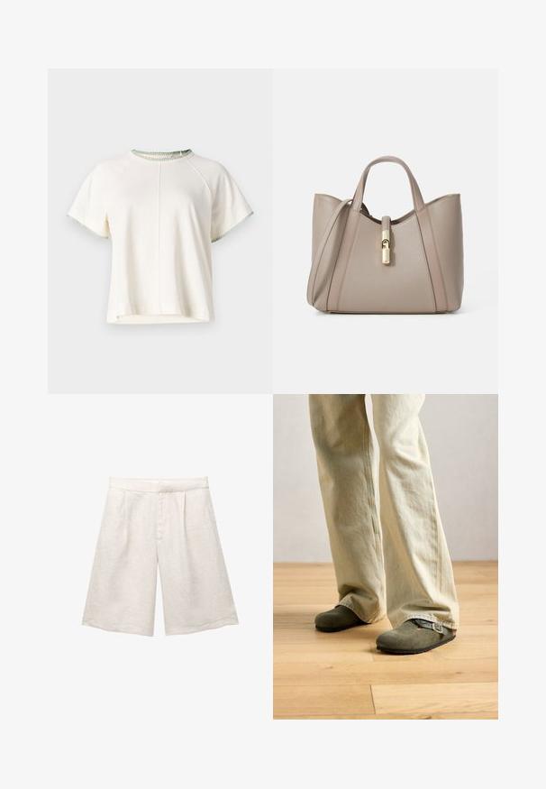 CLOSED T-shirt basic - white; Camicia azzurro chiaro con bottoni, realizzata in cotone, con maniche lunghe, colletto classico e un piccolo logo ricamato sul polsino sinistro.; Pantaloni corti in lino beige con gamba larga, caratterizzati da pince frontali e una cintura liscia. Il tessuto ha una finitura leggermente testurizzata.; Persona che indossa pantaloni a gamba larga beige chiaro e scarpe slip-on in suede verde oliva con una fibbia, su un pavimento in legno chiaro.; Borsa tote in pelle beige con doppi manici, chiusura dorata e design strutturato con pannelli lisci e testurizzati in contrasto.; Pilgrim JACE - Orecchini - gold-coloured